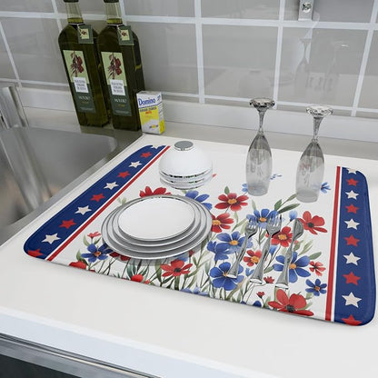4th of July Dish Drying Mats for Kitchen Counter Summer Flowers Patriotic - Image 6