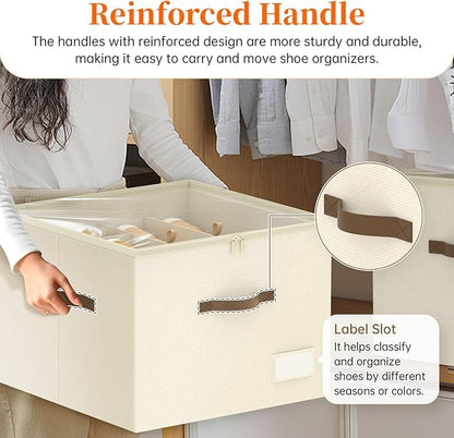 Shoe Organizer for Closet, 2 Pack Shoe Organizer with Clear Cover, Closet Shoe Storage Containers w/Adjustable Dividers, Foldable Storage Bins for Shoes, Fits 16-32 Pairs, Beige