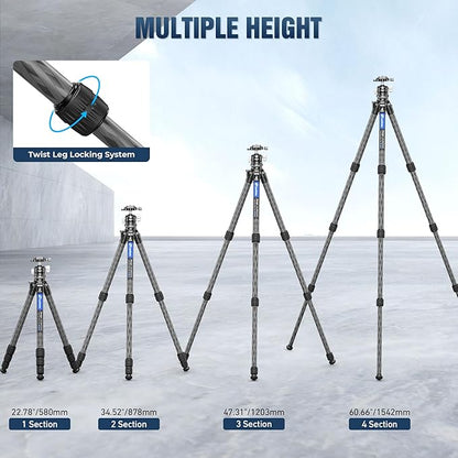 LEOFOTO Carbon Fiber Tripod with Leveling Base for Camera, 360° Rotating Ball Head, 1/4" QR Plate for Sport Camera/Phone/Projector, Compact Tripod with Panoramic Base, A Bubble Level, Max Load 22LB