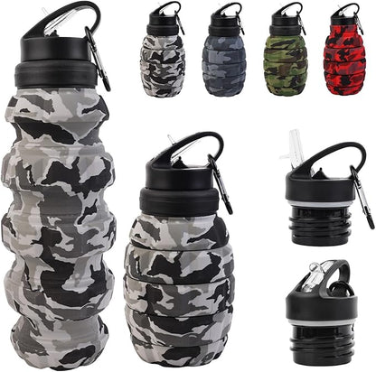 Collapsible Travel Water Bottle18oz, Reuseable Silicone Foldable Water Bottles for Gym Camping Hiking, Portable Leak Proof Sports Water Bottle with rugby Carabiner (Grey)