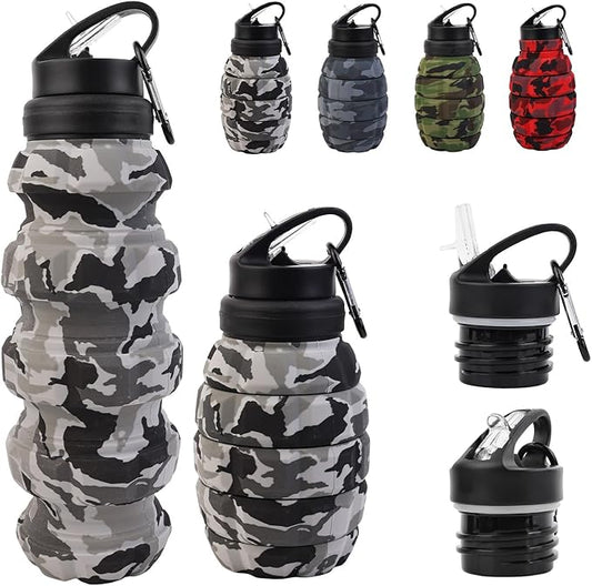 Collapsible Travel Water Bottle18oz, Reuseable Silicone Foldable Water Bottles for Gym Camping Hiking, Portable Leak Proof Sports Water Bottle with rugby Carabiner (Grey)