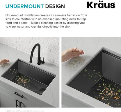 KRAUS Kore Workstation 27-inch Undermount 16 Gauge Black Stainless Kitchen Sink, Single Bowl Kitchen Sink in PVD Gunmetal Finish with Accessories, KWU110-27-PGM