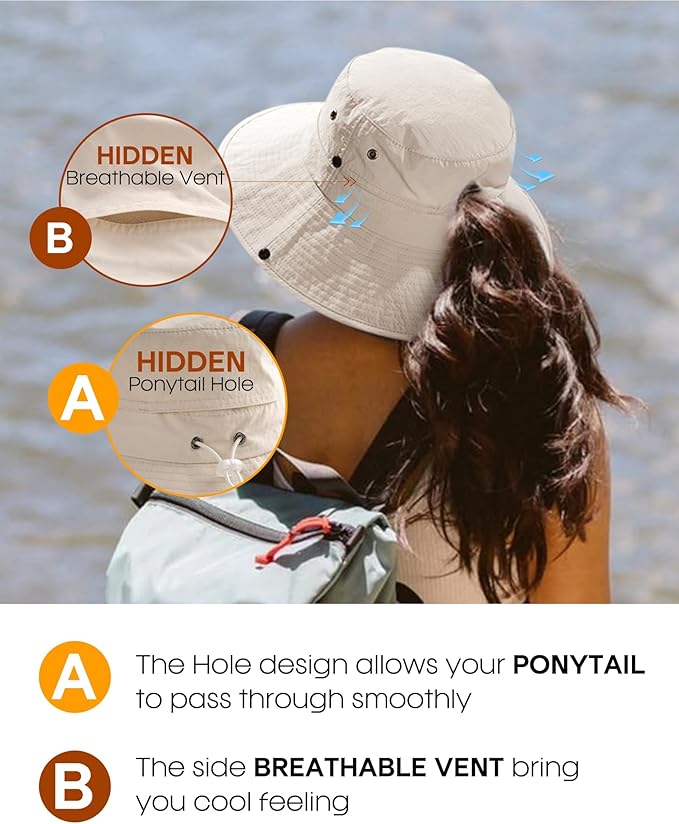 FURTALK Sun Hats for Women with Ponytail Hole Wide Brim Beach Bucket Hat UPF 50+ Fishing Hiking Outdoor Hats