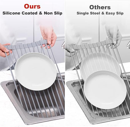 MERRYBOX Roll Up Over The Sink Dish Drying Rack Silicone Wrapped Foldable - Image 5