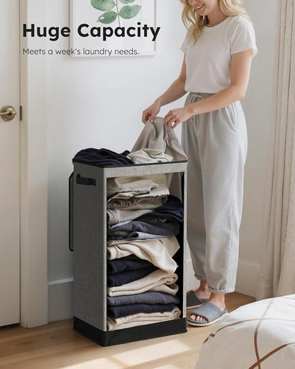 SOLEDI Slim Laundry Hamper with Lid, Narrow Laundry Basket with Removable Bags, Dirty Clothes Hamper with handle, Small Hamper perfect for Laundry room, Bathroom, Bedroom, Small spaces. 70L Grey
