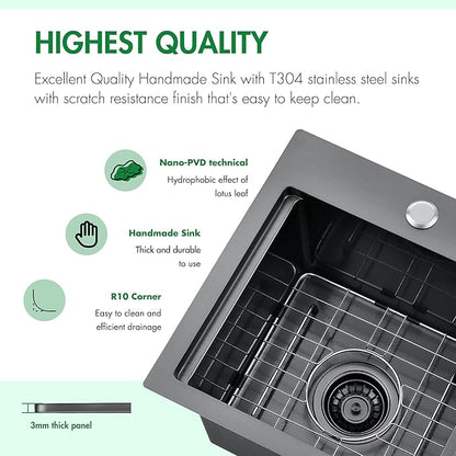 Kitchen Sink, 15 x 15 x 10 inch Kitchen Sinks Small Bar Prep Sink 16 Gauge Gunmetal Black Drop in Kitchen Sink Single Bowl Workstation Sink with Cutting Board