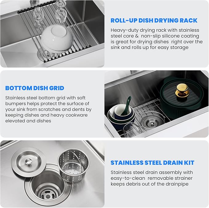 POPFLY 28 x 20 Inch Kitchen Sink, 28 Inch Stainless Steel Top Mount Drop in Workstation Sink, 9-Inch Deep Handmade Sinks with Cutting Board & Strainer, Brushed Nickel（28×20×9）