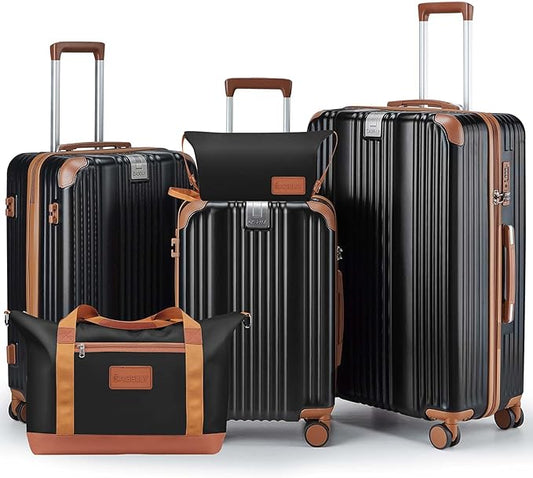 Luggage Set 3 Piece Luggage with PC+ABS Hardshell TSA Lock Spinner Wheels Carry on Lightweight Suitcase,Cup Holder,YKK Zippers (Black, 5 piece sets(20/24/28/DB/TB))