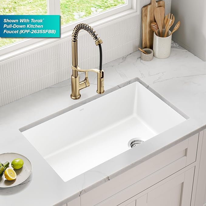 KRAUS Forteza 32-inch Granite Undermount Single Bowl White Kitchen Sink, KGU-55WHITE