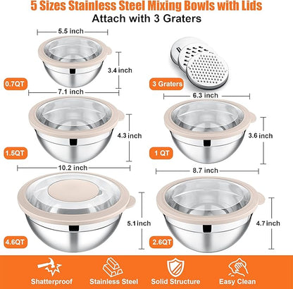 E-far Mixing Bowls Set of 5, Stainless Steel Salad Mixing Bowl - Image 5