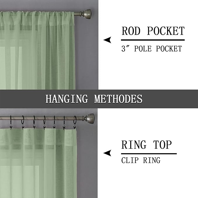 Tollpiz Sheer Curtain Linen Textured Living Room Curtains Sheer Light Filtering Rod Pocket Voile Curtain for Bedroom, 54 x 72 inches Long, Sage Green, Set of 2 Panels