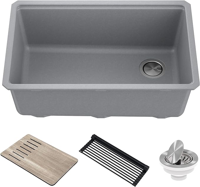 KRAUS Kitchen Sink Bellucci 29” Undermount Workstation Granite, Metallic Gray, Accessories, KGUW2-30MGR