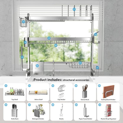 Over The Sink Dish Drainer Drying Rack, Full Stainless Steel 3-Tier Adjustable - Image 6