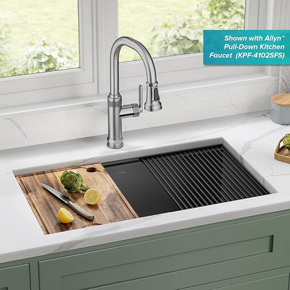 KRAUS Kore Workstation 32-inch Undermount 16 Gauge Black Stainless Steel Single Bowl Kitchen Sink in PVD Gunmetal Finish with Accessories, KWU110-32/PGM