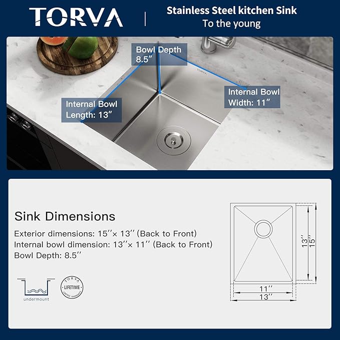 TORVA 13 x 15 Inch Undermount Kitchen Sink, Premium 304 Stainless Steel Bar Sink - 8 Inches Deep Basin Single Bowl Sink