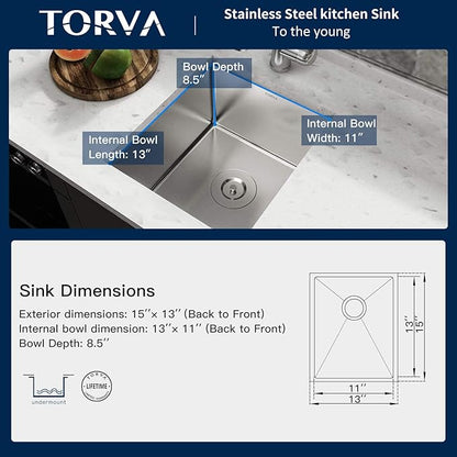 TORVA 13 x 15 Inch Undermount Kitchen Sink, Premium 304 Stainless Steel Bar Sink - 8 Inches Deep Basin Single Bowl Sink