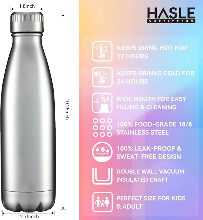 HASLE OUTFITTERS 17oz Stainless Steel Water Bottles Bulk, Vacuum Insulated Water Bottles Double Walled Reusable Metal Sports Water Bottles Keep Drinks Hot and Cold, Stainless, 4Packs