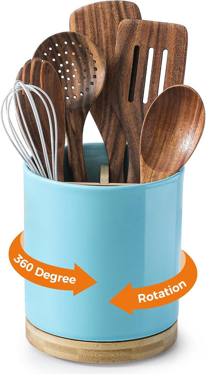 LoeJan 3 Compartment Utensil Holder, Extra Large Utensil Crock, Stable Ceramic by LoeJan