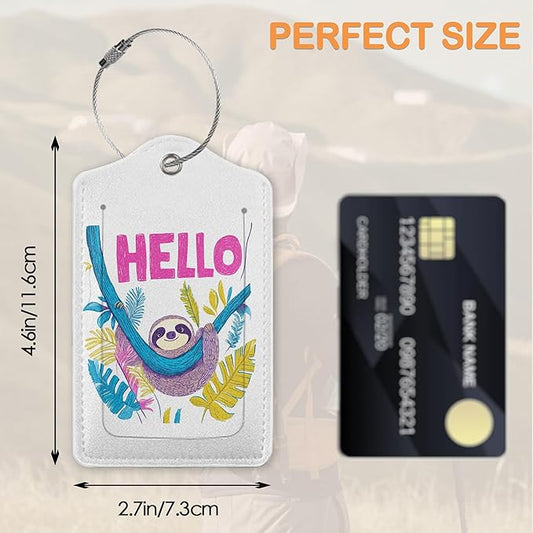 Colorful Sloth Hello 3 Pack Luggage Tags for Suitcases, Happy Sloth Hanging PU Leather Luggage Tag for Travel, Bag Tags with Privacy Name ID Card and Steel Loop for Women Men