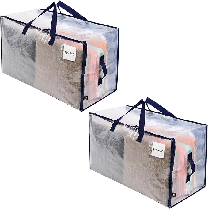 VENO 2 Pack Moving and Storage Bags, Heavy Duty, Alternative to Moving Boxes, Large Packing Totes Supplies for College Dorm Room with Zipper for Clothes, Wide Open Design (Clear, 2 Pack)