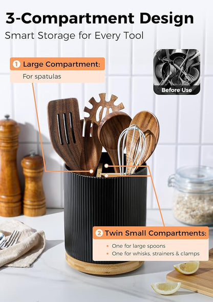 LoeJan 3 Compartment Utensil Holder, Extra Large Utensil Crock, Stable Ceramic - Image 3