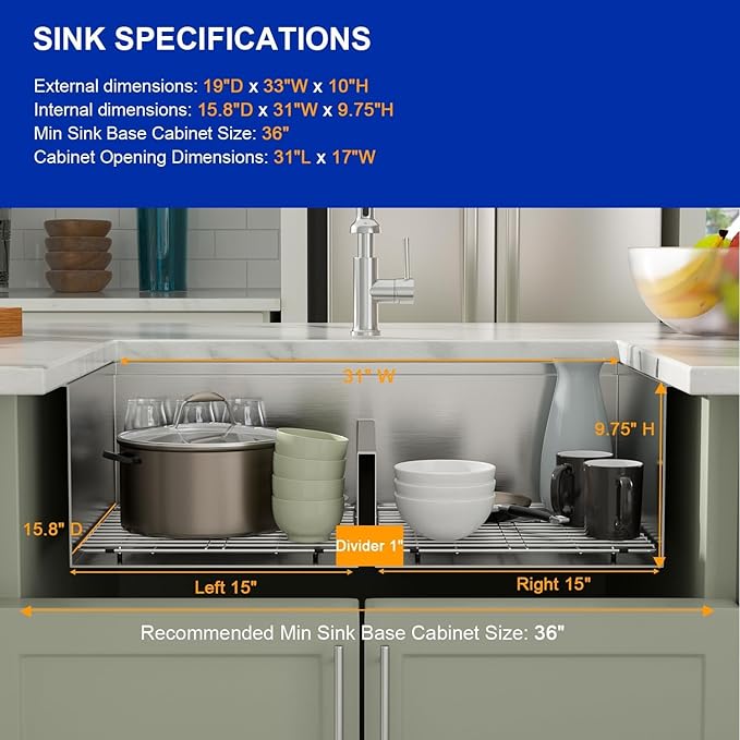 Dcolora 33 In. Double Bowl Kitchen Sink Undermount Sink Workstation Stainless Steel 50/50 Split Low Divided 16 Gauge Under Counter Basin, 33"x19"x10",DC-U-1111