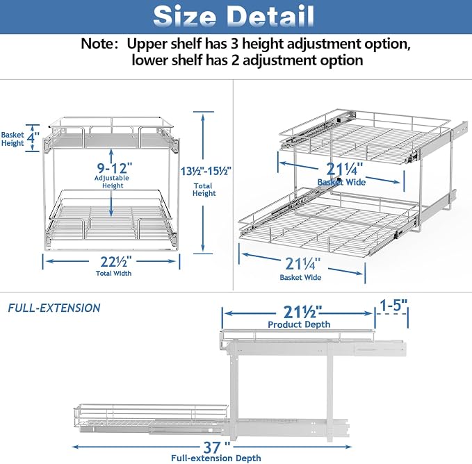 2 Tier Individual Pull Out Cabinet Organizer 22½" W x 21½" D, Heavy Duty - Image 3