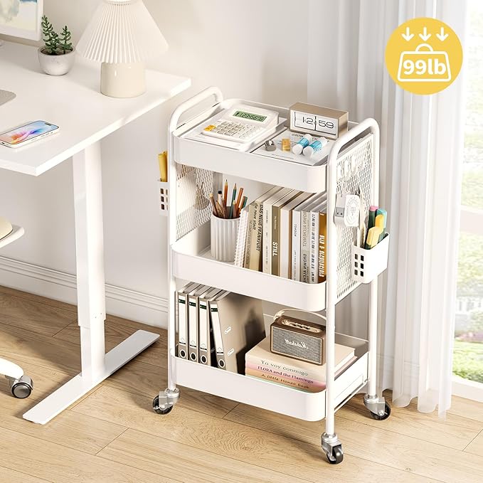 TOOLF 3 Tier Rolling Cart Storage Organizer, Metal Rolling Utility Cart with Wheels, Hooks & Bins Esthetician Craft Art Sturdy Storage with Pegboard for Bathroom, Kitchen, Office, Nursery Diaper