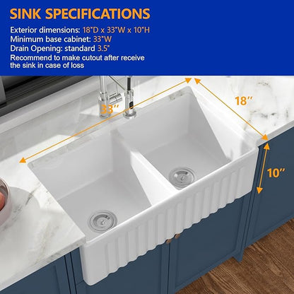 Dcolora Double Bowl Farmhouse Kitchen Sink Reversible Front Apron White Fireclay Ceramic Sinks Undermount Barn Sink 33"W×18"D×10"H,DC-A8871