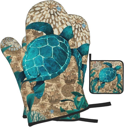 Retro Teal Nautical Oven Mitts and Pot Holders Sets, Sea Turtles Oven Gloves - Image 2