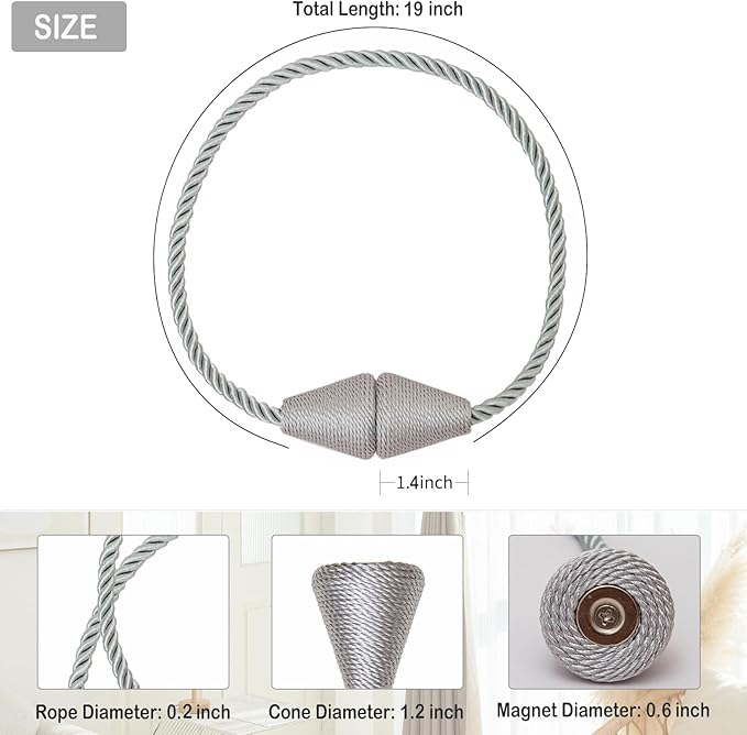 Magnetic Curtain Tiebacks 6 Pack Outdoor Rope Curtain Tie Backs Decorative Window Treatment Holdbacks for Home Decorative Curtain, Grey