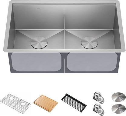 KRAUS Kore Workstation 30-inch Undermount 16 Gauge Stainless Steel Kitchen Sink, Double Bowl Kitchen Sink with Accessories, KWU112-30