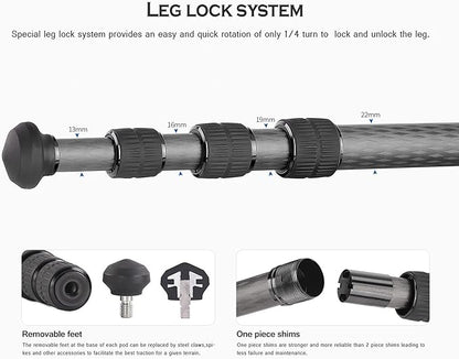 Leofoto Professional Camera Tripod, 45" Compact Carbon Fiber Tripod for DSLR Video Camcorder, 4 Leg Sections, 360° Ball Head, Max Load 6KG/13Lb (LS-224CX+LH-25)