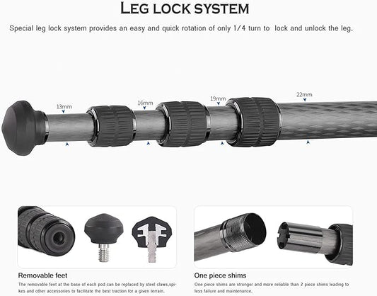 Leofoto 42" Lightweight Carbon Fiber Travel Tripod, Professional Compact Tripod for Camera DSLR Video, Max Load 13Lbs/6KG (LS-224CX)