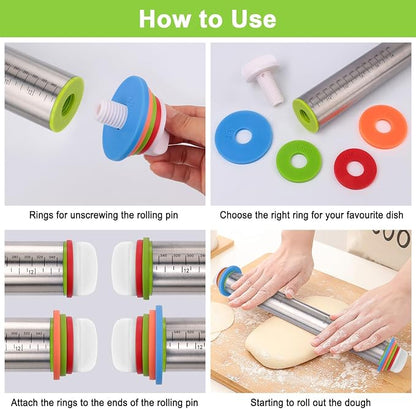 Rolling Pin with Thickness Rings and Silicone Baking Mat, Adjustable Stainless - Image 4