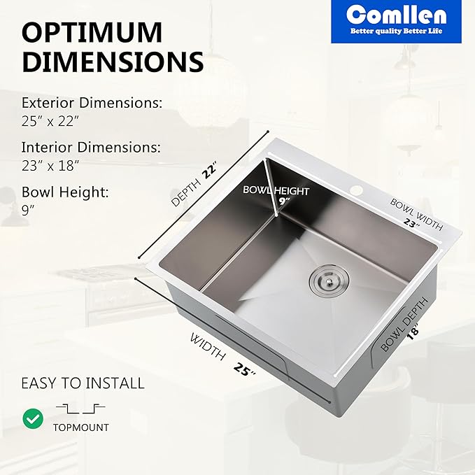 Comllen 25 x 22 Inch Drop In Kitchen Sink, Brushed Nickel Topmount 16 Gauge Stainless Steel Kitchen Sinks, 9 Inch Deep Utility RV Sink with Dish Grid and Basket Strainer