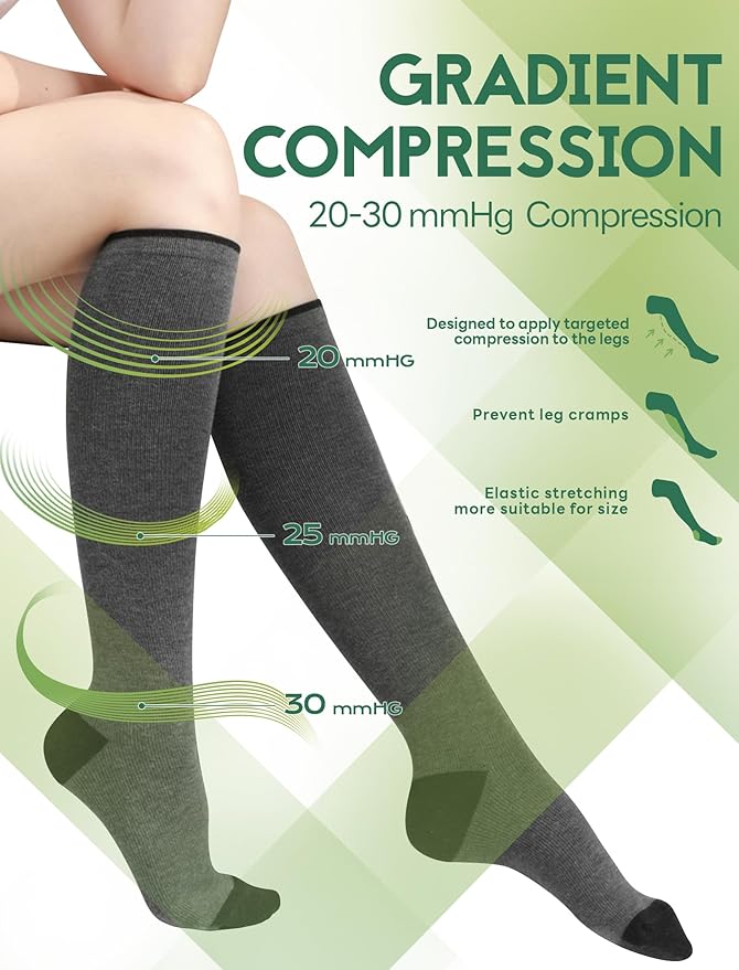 Bamboo Viscose Compression Socks for Women & Men (6 Pairs) 20-30 mmHg Knee High Support for Nurses Travel Pregnant