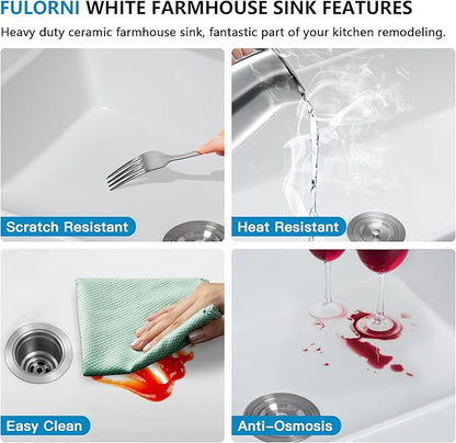 30 White Farm Sink - Fulorni 30"x19" Farmhouse Kitchen Sink Curved Apron Front Ceramic Porcelain Fireclay Single Bowl Farmer Style Basin