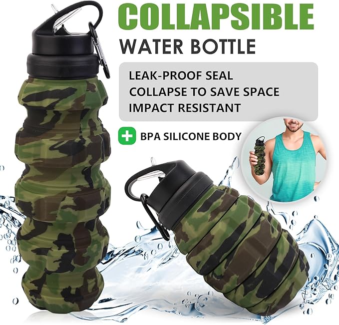 Collapsible Travel Water Bottle18oz, Reuseable Silicone Foldable Water Bottles for Gym Camping Hiking, Portable Leak Proof Sports Water Bottle with rugby Carabiner (Dark gray)