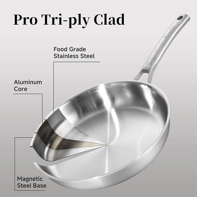 Chef's Frying Pan 12 Inch Set of 2, Tri-Ply Clad Stainless Steel Skillet - Image 2