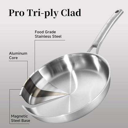 Chef's Frying Pan 12 Inch Set of 2, Tri-Ply Clad Stainless Steel Skillet - Image 2