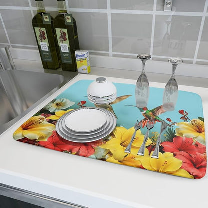 Kawani Spring Summer Hummingbirds Floral Dish Drying Mat - Image 6