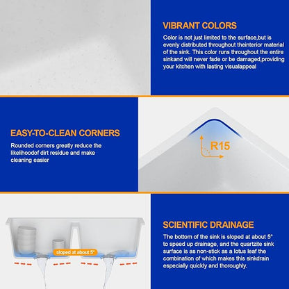 Dcolora 33 Inch Double Bowl Undermount Kitchen Sink White Deep Double Basin Prep Sink 50/50 Split Granite Composite 33"×19"×10“,#DC-GU001W