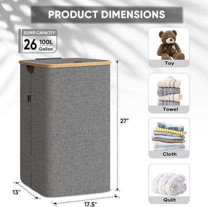 BALEINE Laundry Hamper with Lid, Tall Laundry Baskets with Bamboo Pull Handles - Image 3