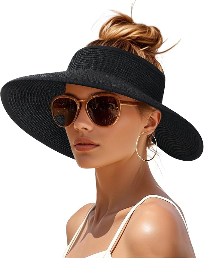 Womens Sun Visor Hats Wide Brim Straw Beach Hat UV Protection Ponytail Packable Beach Vacation Essentials