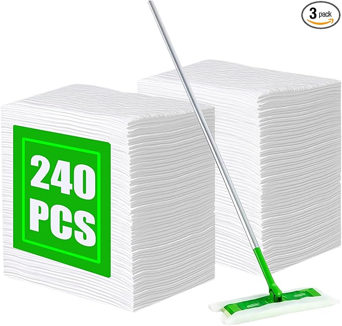SUZZYVINE Dry Pads Refills 240 Count Dry Mop Refills for Floor Mopping and Cleaning, Dry Sweeping Cloths Dry Floor Cloths, Unscented, 7.87"x11.81"