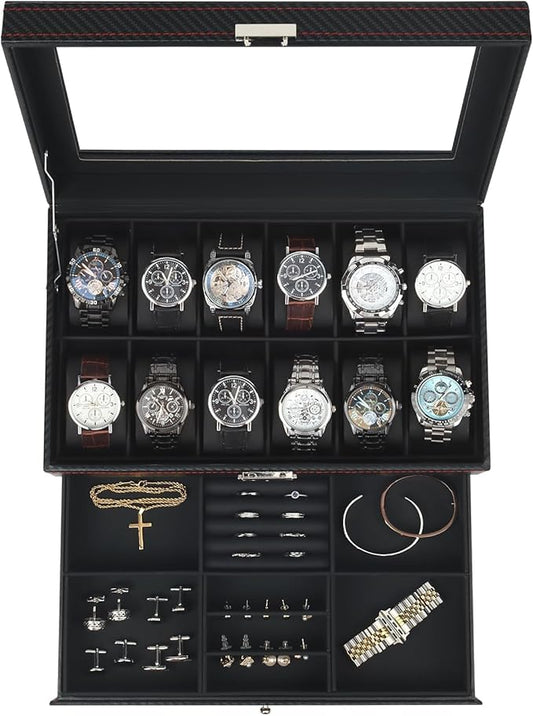 Watch Box Jewelry Organizer, 12-Slot 2-Layer Watch Case Storage with Large Glass Lid, Watch Storage Case for Men with Lock, Watch Holder Display Case, Gift for Men Women