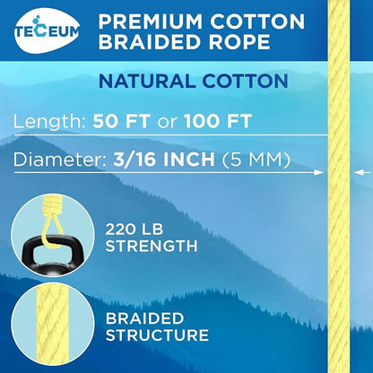 TECEUM Cotton Rope 3/16” – 50 FT – Strong All-Purpose Braided Rope – Natural - Image 2