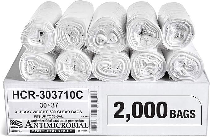 Aluf Plastics High Density Trash Bags, 30 Gallon, 2000 Count, 10 Micron (eq), 30" x 37", Clear, for Bathroom, Office, Industrial, Commercial, Janitorial, Municipal, Recycling