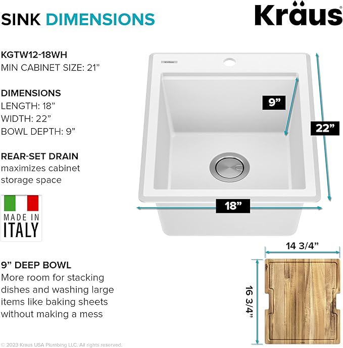 KRAUS Bellucci 18-inch Granite Workstation Drop In Top Mount Single Bowl Kitchen Sink in White with Accessories, KGTW12-18WH